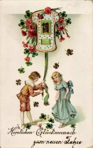 Glitzer Litho Glückwunsch Neujahr, Kleeblatt, Kalender, Kinder