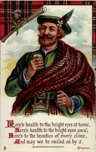 Ak Mann in schottischer Tracht, Bier, Here's health to the bright eyes at hame...