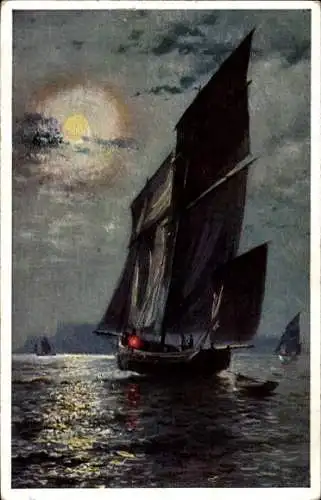Künstler Ak Küstenwacht, Segelyacht, Mondnacht, Primus 1151