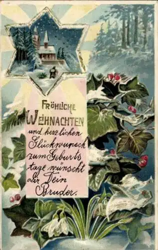 Litho Frohe Weihnachten, Stern, Kirche