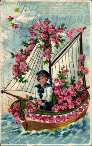 Präge Ak Junge im Ruderboot, Rosen