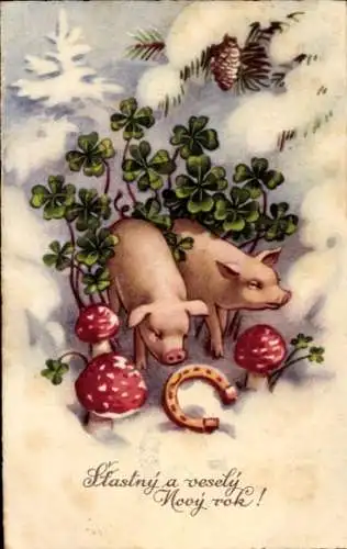 Litho Glückwunsch Neujahr, Klee, Schweine