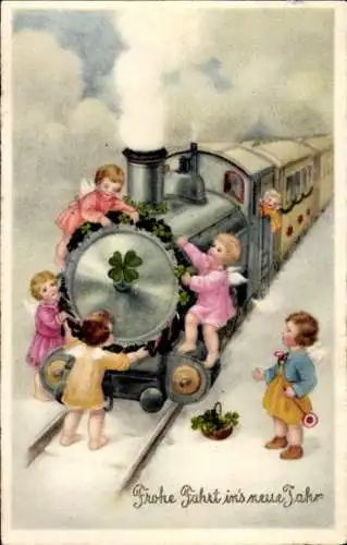 Ak Glückwunsch Neujahr, Dampflok, Kleeblätter, Engel