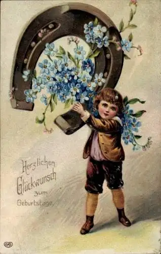 Präge Ak Glückwunsch Geburtstag, Blumen, Junge, Hufeisen