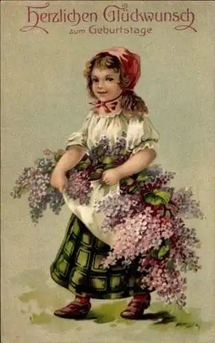 Litho Glückwunsch Geburtstag, Blumen, Mädchen