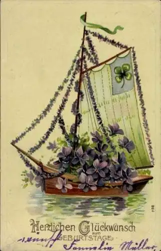 Präge Ak Glückwunsch Geburtstag, Segelboot, Veilchen