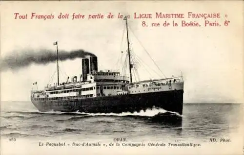 Ak Compagnie Générale Transatlantique, CGT, Paquebot Poste Duc d'Aumale
