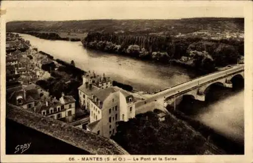 Ak Mantes la Jolie Yvelines, Schwarze und weiße Ansicht von der Seine, Brücke, Stadtansicht Ma...