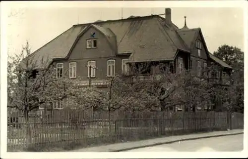 Ak Bad Schandau Sächsische Schweiz, Holzgebäude, umgeben von Bäumen, Zaun und Straße sichtbar