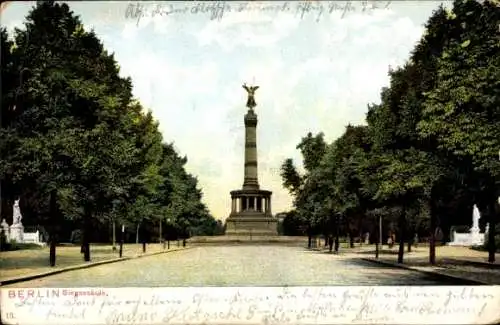 Ak Berlin Tiergarten, Siegessäule, grüne Allee, blauer Himmel