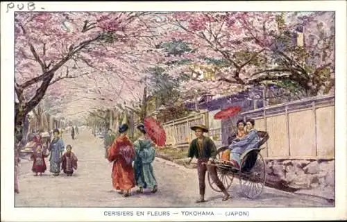 Künstler Ak Yokohama Präf. Kanagawa Japan, Cerisiers, Kirschblüte, Rikschafahrer, Spaziergänger