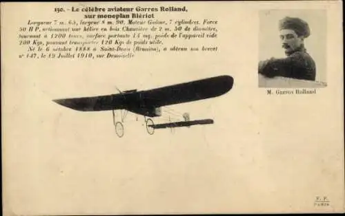 CPA Le célèbre aviateur Garres Rolland, monoplan Blériot