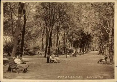 Ak Bad Elmen Salzelmen Schönebeck an der Elbe, Lindenallee, Bänke, sonniger Tag, Bäume, Spaziergä