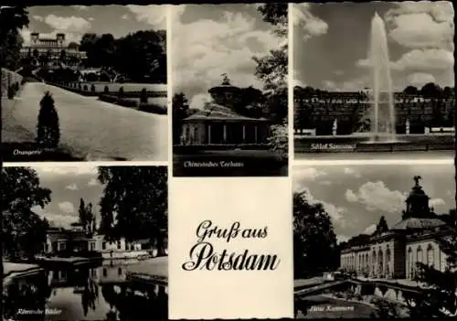 Ak Potsdam Sanssouci, Orangerie, Chinesisches Tehaus, Schloss Sanssouci, Römische Bader, Neue Kam
