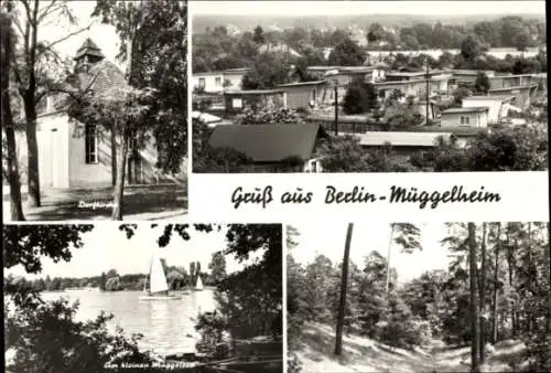 Ak Berlin Köpenick Müggelheim, Dorfkirche, Kleingartensiedlung mit Bungalows, Müggelsee, Waldpartie