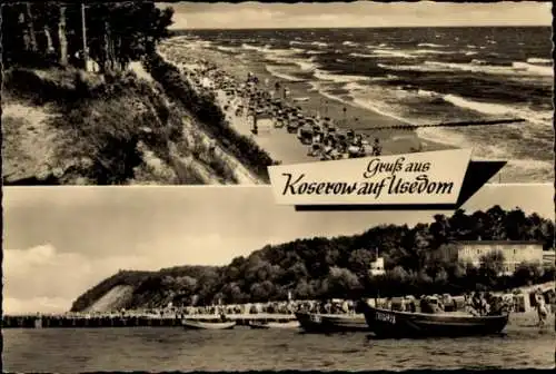 Ak Ostseebad Koserow auf Usedom, Strand, Strandkörbe, Boote, Seebrücke