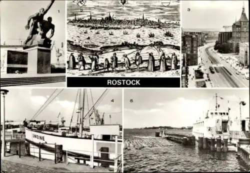 Ak Hansestadt Rostock, Skulptur, Rostock Ansicht, Kulturs Museum, Hafen, Schiff