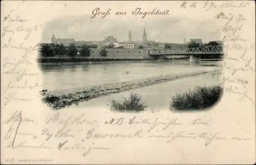 Ak Ingolstadt an der Donau Oberbayern, Blick über die Donau, Brücke, Türme