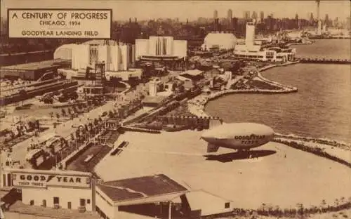Ak Chicago Illinois USA, Luftschiff, Goodyear Landing Field, Ausstellung, 1934
