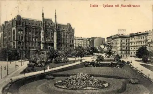 Ak Szczecin Stettin Pommern, Rathaus, Manzelbrunnen, Stadtansicht