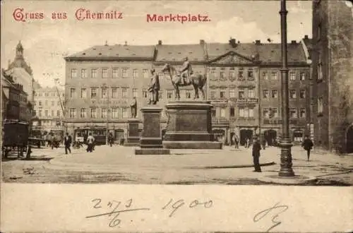 Ak Chemnitz in Sachsen, Chemnitzer Marktplatz, Reiterstatue,  Gebäude, Menschen, Fahrzeuge