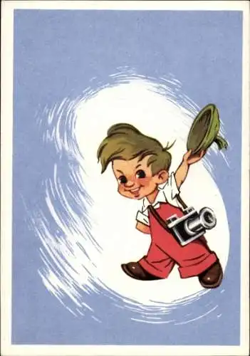 Künstler Ak Junge mit Fotoapparat, Gemaltes Porträt