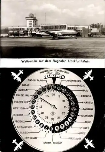 Ak Frankfurt am Main, Flughafen, Weltzeituhr, Flugzeuge