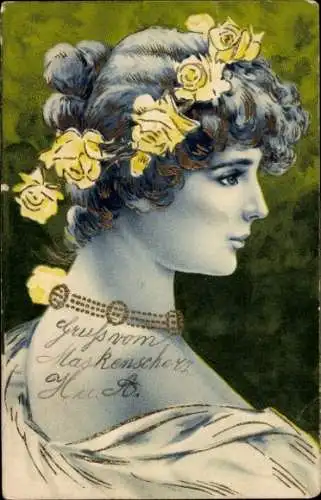Präge Litho Porträt einer jungen Frau, Blumenkranz