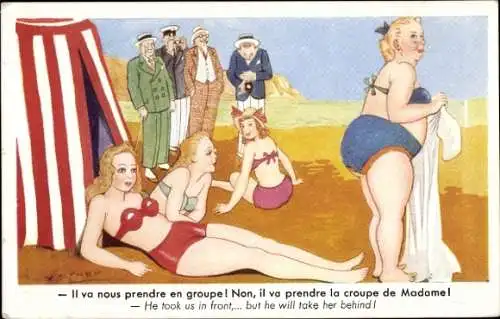 Künstler Ak Frauen am Strand, Bademode, Strandleben