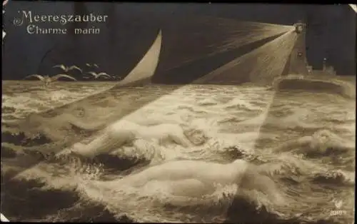 Ak Meereszauber, Frauenakte in den Wellen, Leuchtturm
