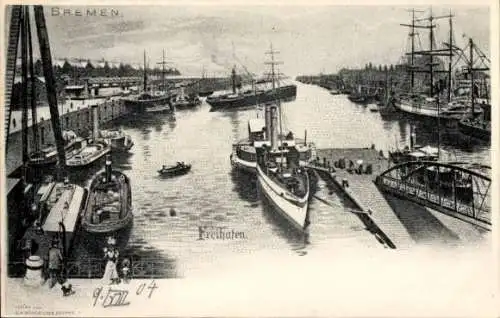 Litho Hansestadt Bremen, Freihafen, Segelschiff, Dampfer