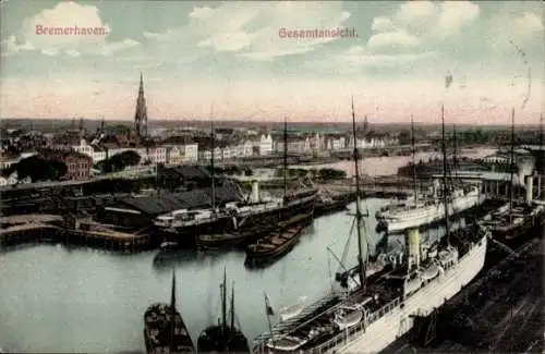 Ak Bremerhaven, Gesamtansicht, Schiffe