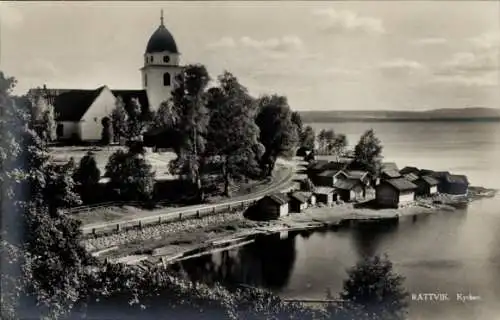 Ak Rättvik Schweden, Uferpartie, Kirche