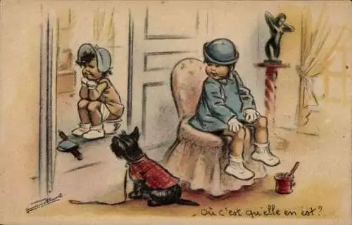 Künstler Ak Bouret, Germaine, Où c'est qu'elle en est? Mädchen auf einem Nachttopf