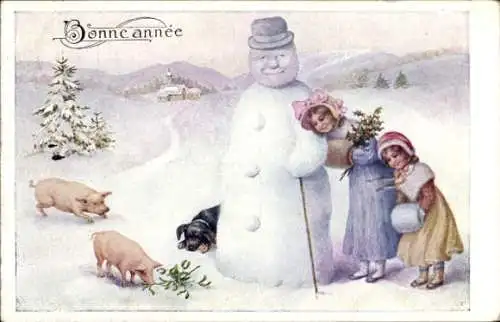 Ak Glückwunsch Neujahr, Mädchen, Schneemann, Schweine