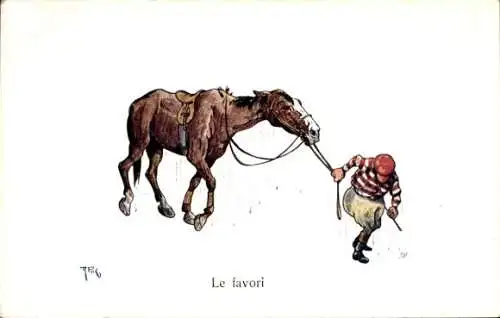 Künstler Ak Le favori, Jockey und sein Pferd schwitzen