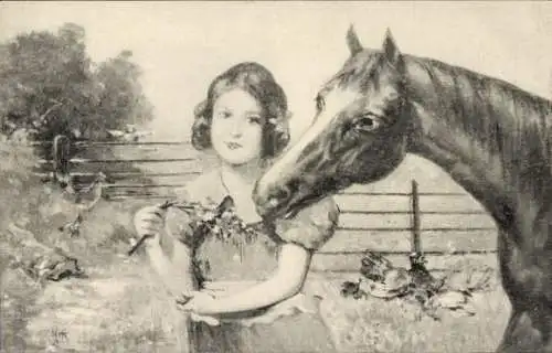 Künstler Ak Mädchen mit Pferd, Portrait