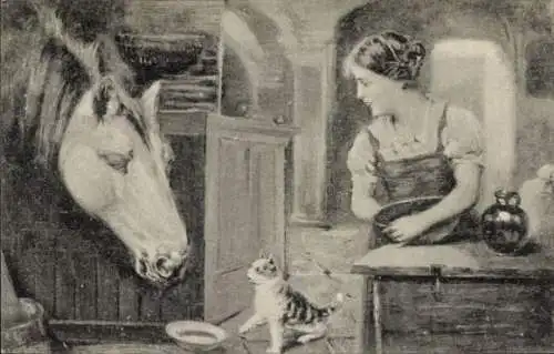 Künstler Ak Frau, Pferd, Katze