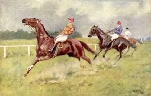 Künstler Ak Jockeys zu Pferde, Pferderennen