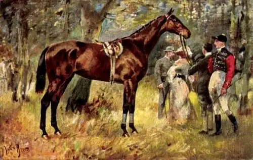 Künstler Ak Pferderennsport, Waldpartie, Reiter mit Pferd