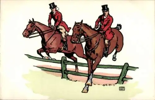 Künstler Ak Pferderennsport, zwei Reiter, Hindernissprung
