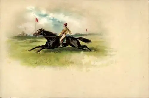 Litho Pferderennsport, Reiter auf Pferd