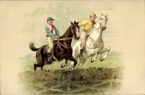 Litho Rennpferde springen über Hindernis, Jockeys