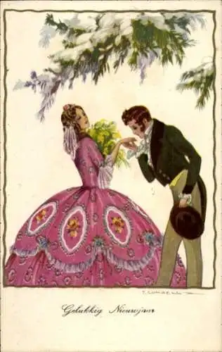 Künstler Ak Glückliches Neujahr, Liebespaar