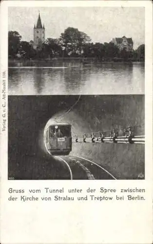 Ak Berlin Friedrichshain Stralau, Tunnel unter der Spree, Kirche, U-Bahn