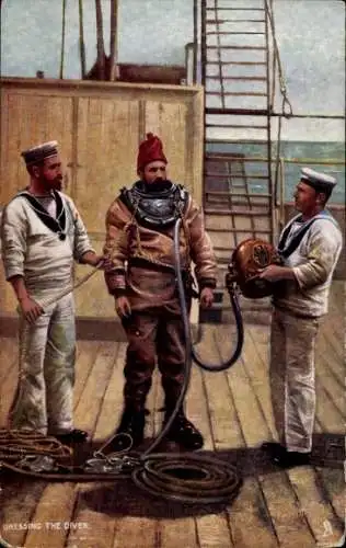 Künstler Ak dressing the diver, naval Tucks, Taucher mit Seemännern an Deck