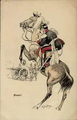 Künstler Ak Schlemo, E., Offizier zu Pferd, Geschütz