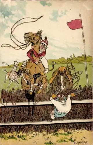 Künstler Ak Anders, O., Pferdesprung über ein Hindernis, Sturz, Jockeys
