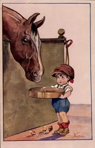 Künstler Ak kleiner Jockey füttert Pferd