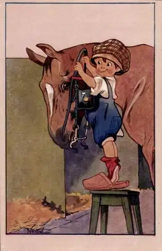 Künstler Ak Kleiner Jockey legt Pferd Geschirr an